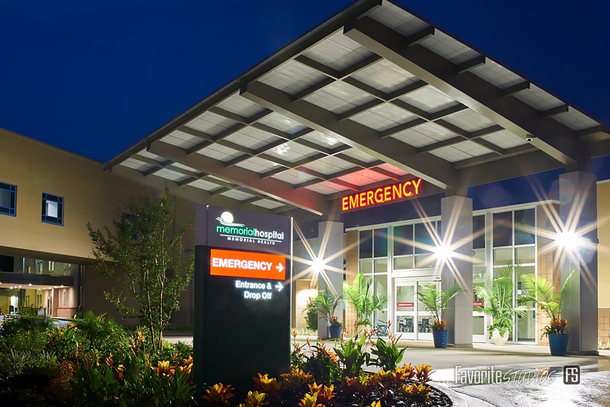 Beautiful night shot of newly expanded Memorial Hospital Emergency Room - exterior ER photo by Jerry and Karen Favorite